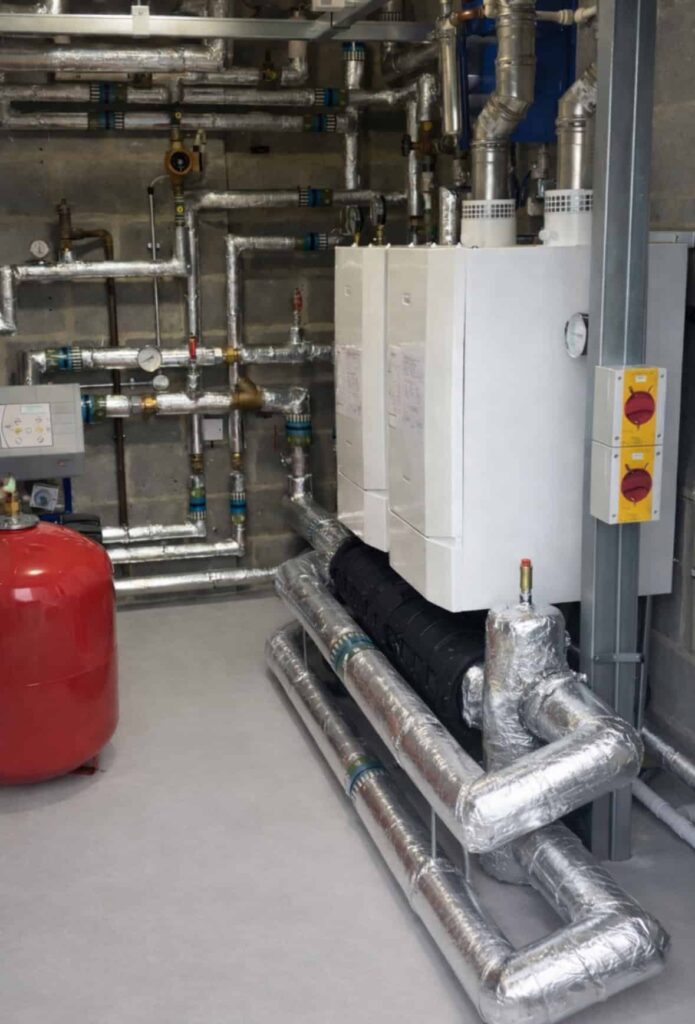 file Complex boiler room with metal pipes